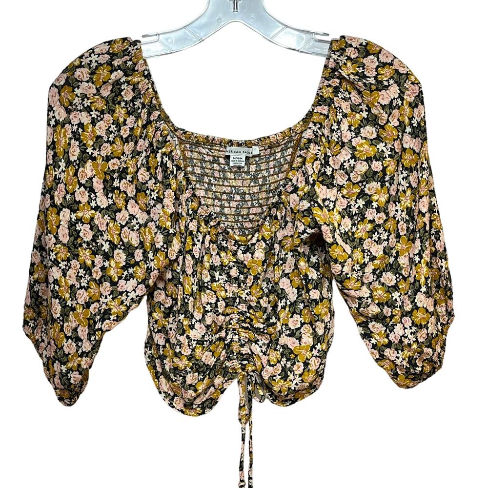 AEO American Eagle Peasant Crop Top Floral Women's Medium Smocked 3/4 Sleeve